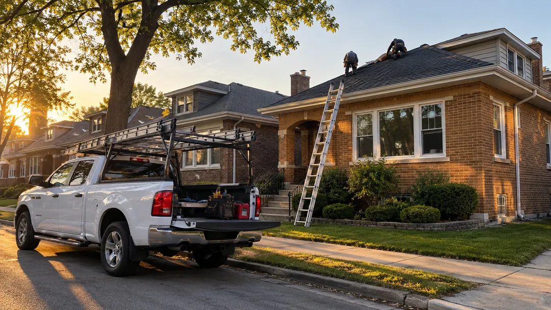 Roofing crew at work on a Chicago brick bungalow at golden hour, truck and ladder at the curb