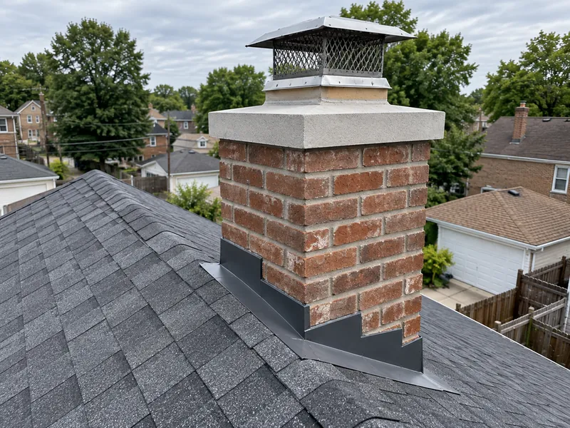 Rebuilt brick chimney with a new concrete crown on a shingle roof