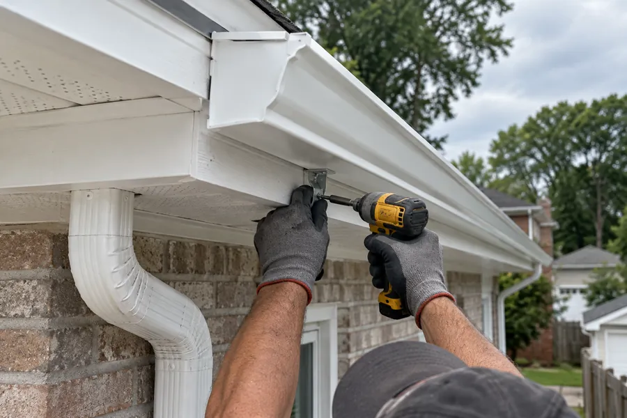 Installer fastening a hanger for a seamless gutter under a white fascia